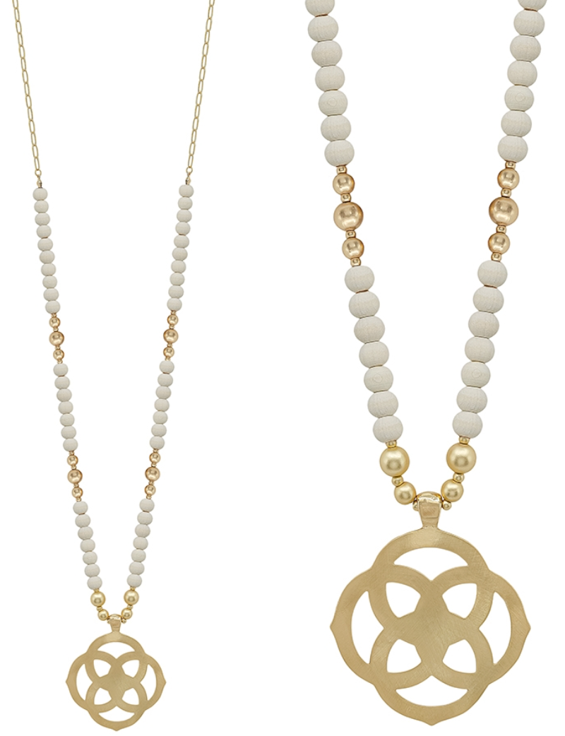 White Wood Beaded Necklace w/ Gold Pendant Charm