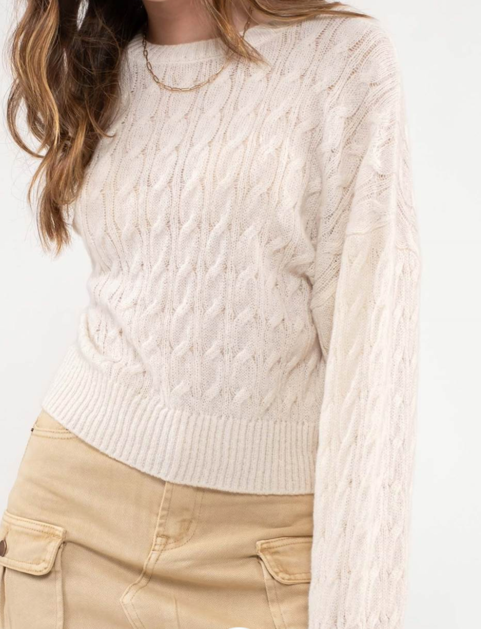 Ivory Crew Neck Cable Knit Sweater (S-L)