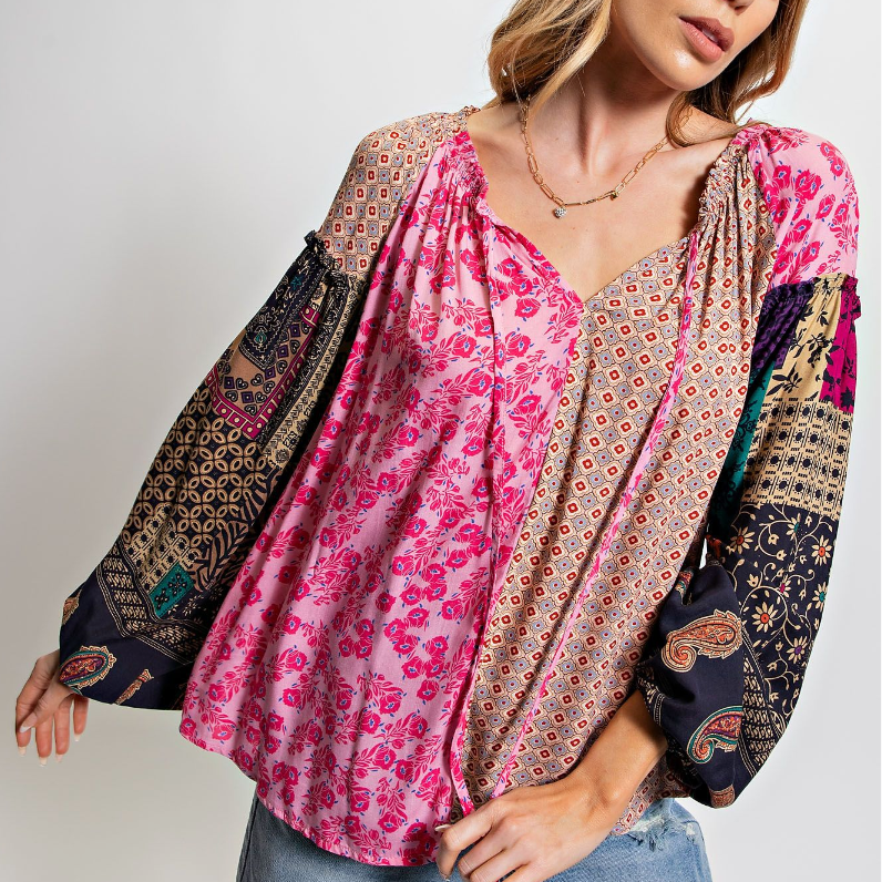 Floral Print Bubble Sleeve Blouse (PLUS)
