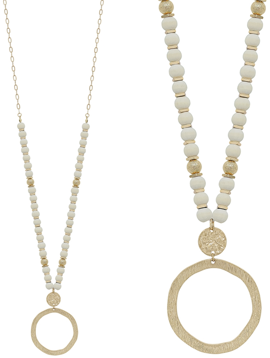 White Wood Beaded Necklace w/ Open Circle