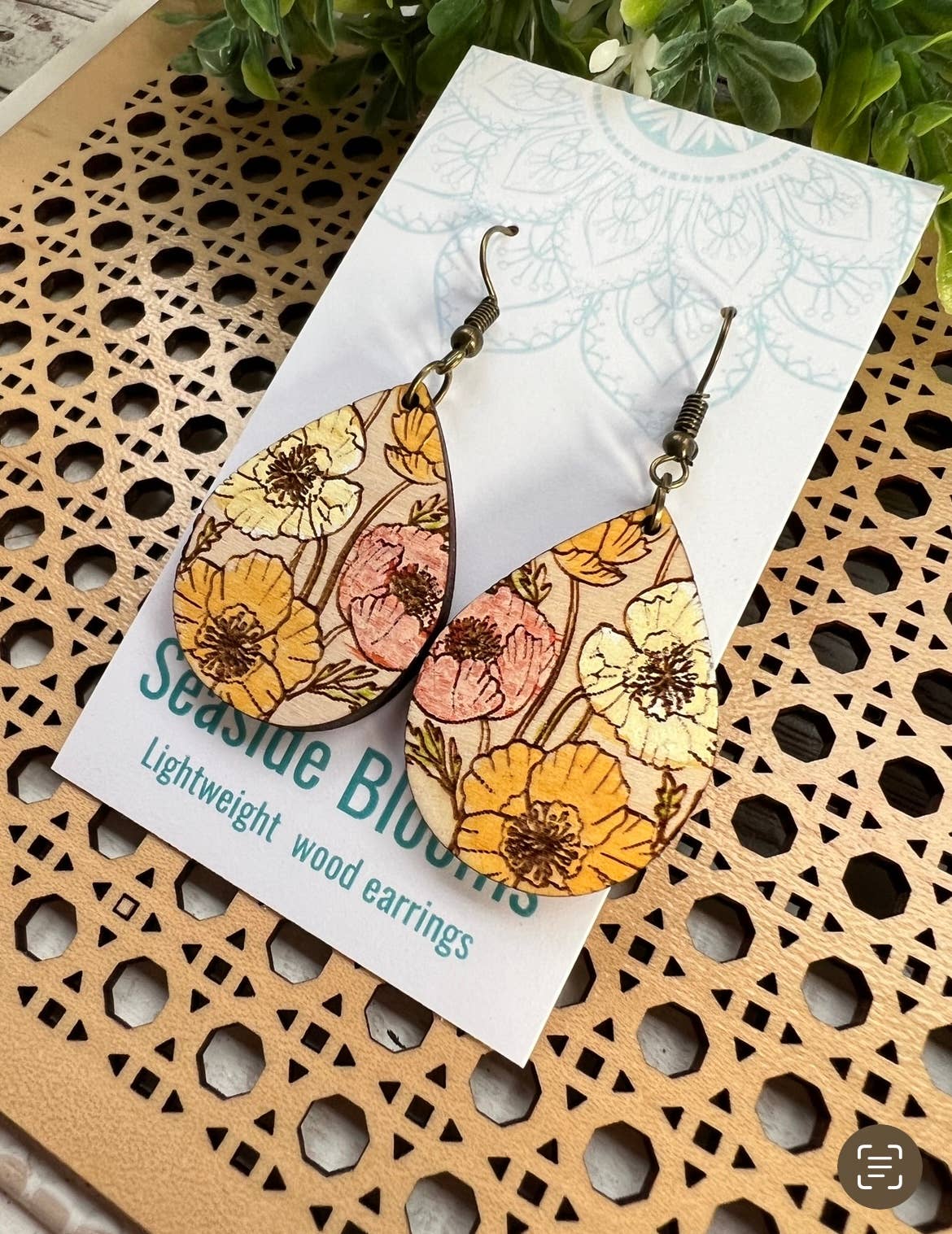 Boho floral hand painted maple wood floral earrings