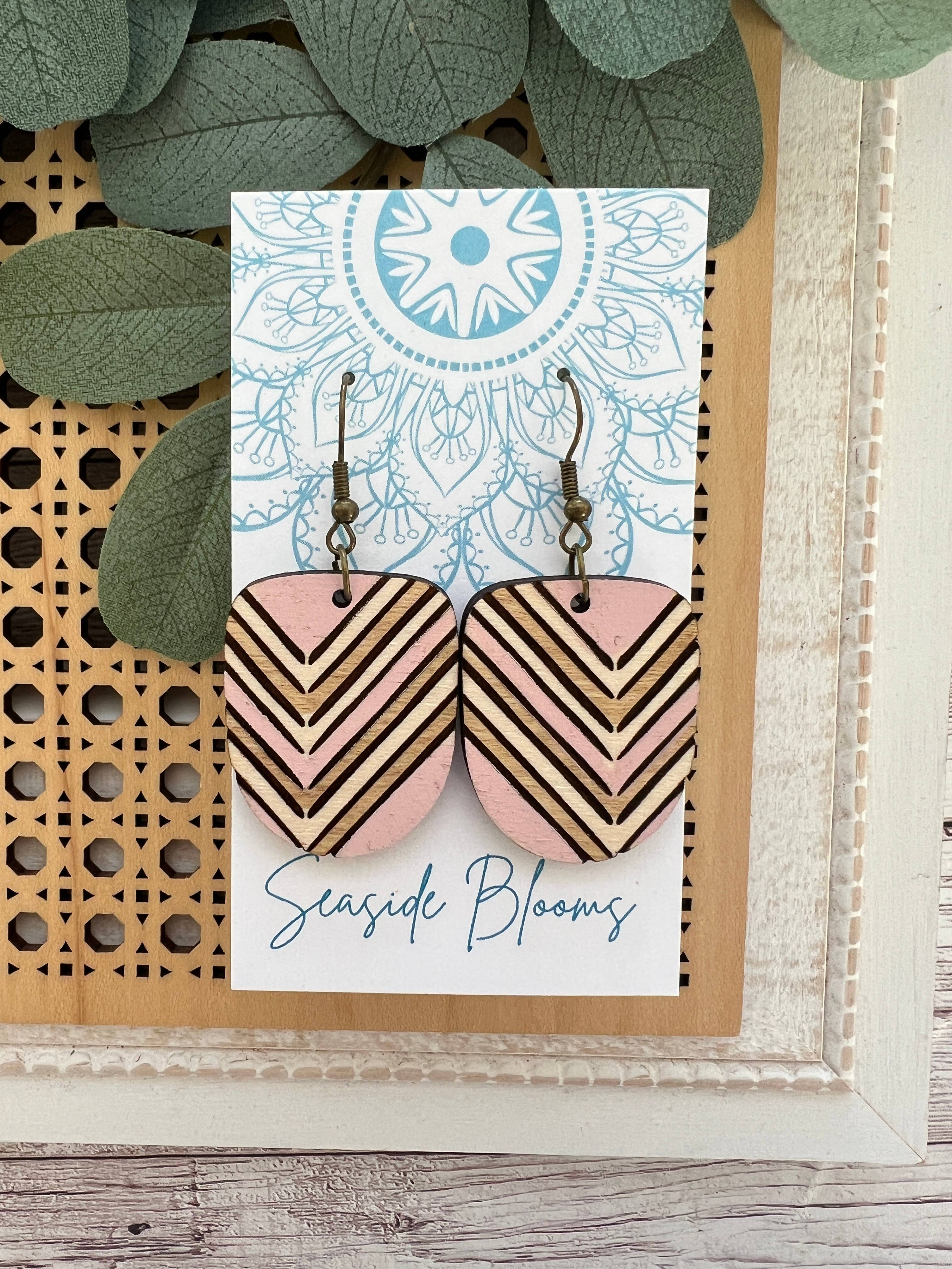 Boho pink hand painted lightweight wood earrings