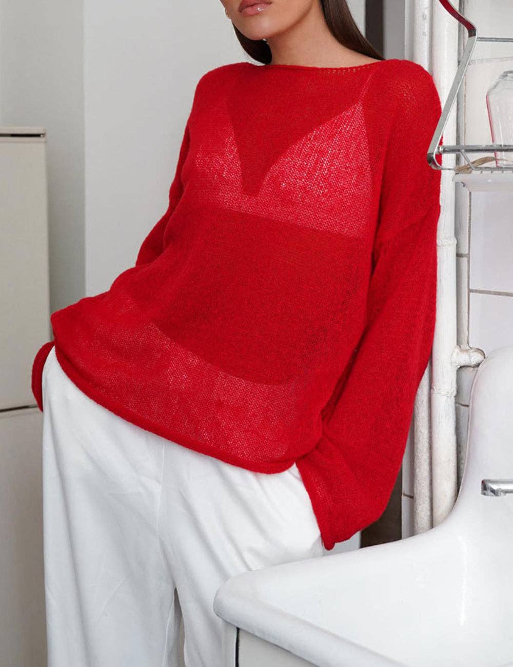 Solid Color Hollow Knit Top Apricot White (S-L)