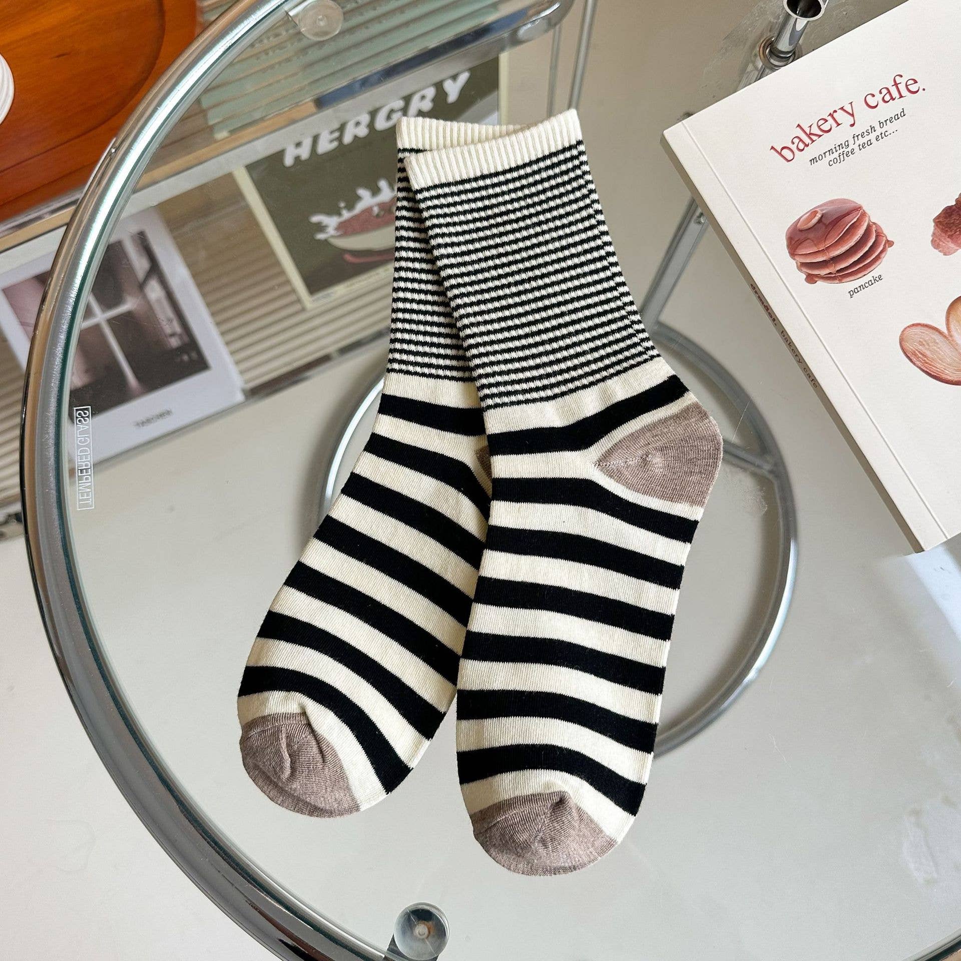 Stripe Pattern Cotton Crew Socks for Women
