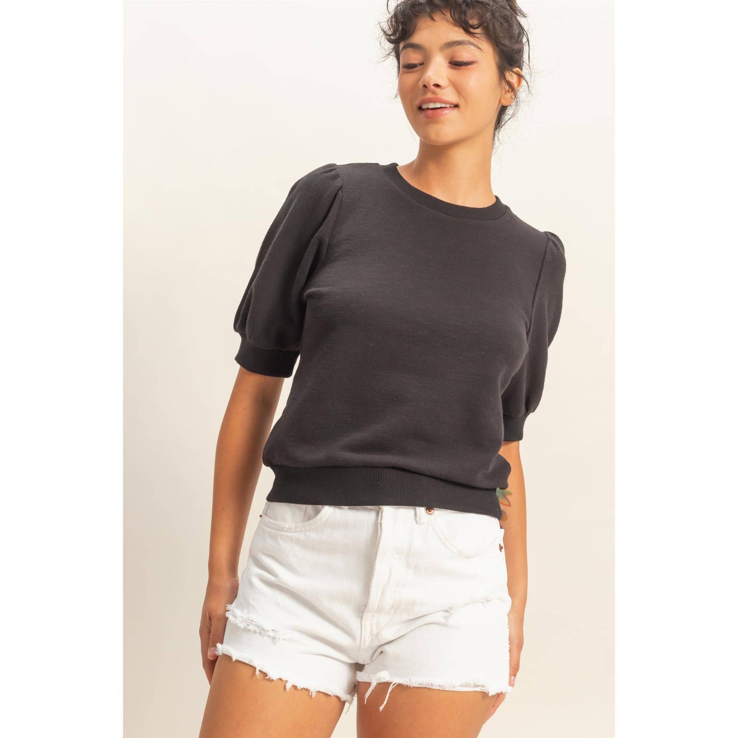 Puff Short Sleeve Crew Neck Top (S-L)