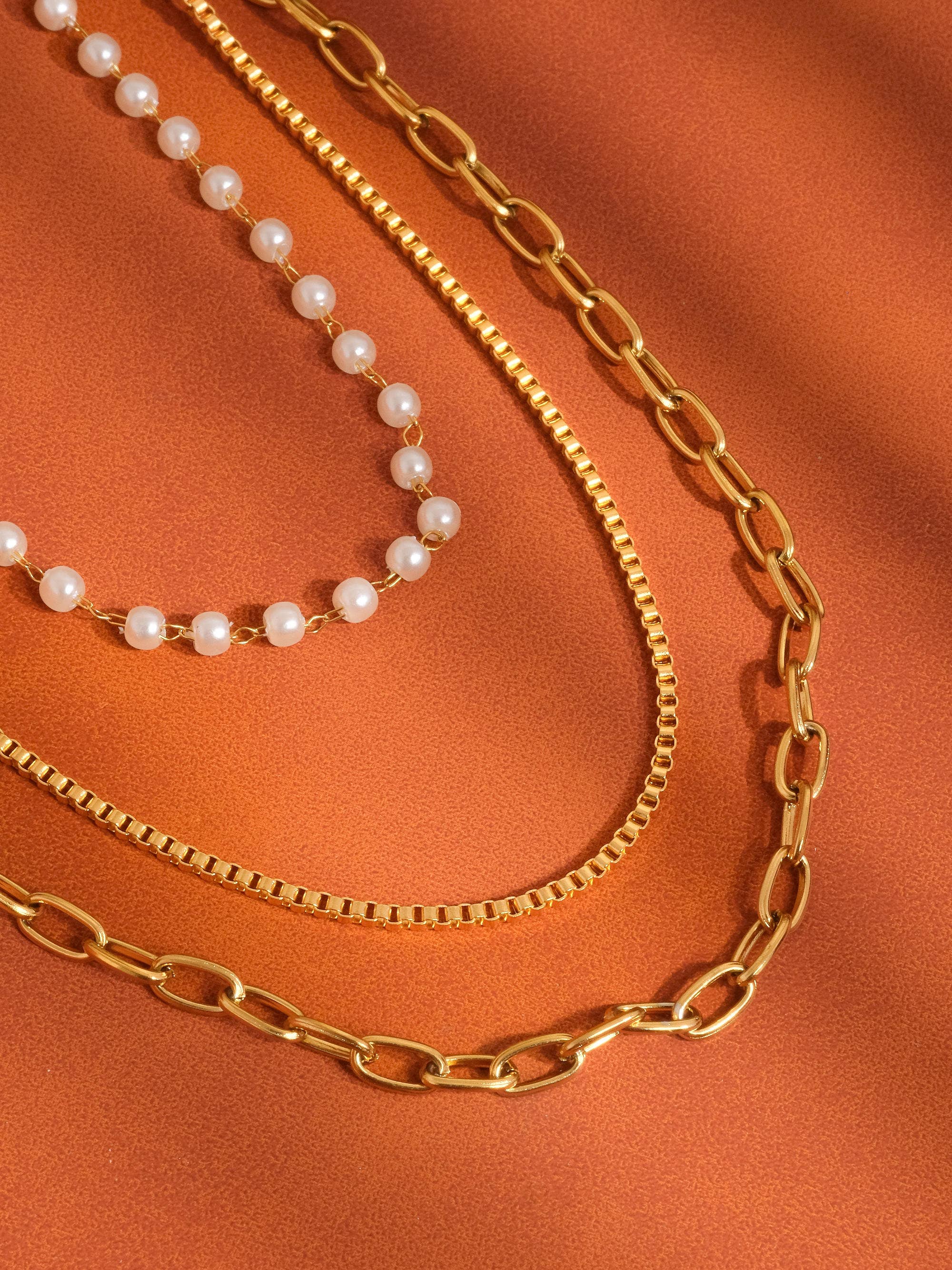 18K Gold Non-Tarnish Stacked Pearl Chain Necklace