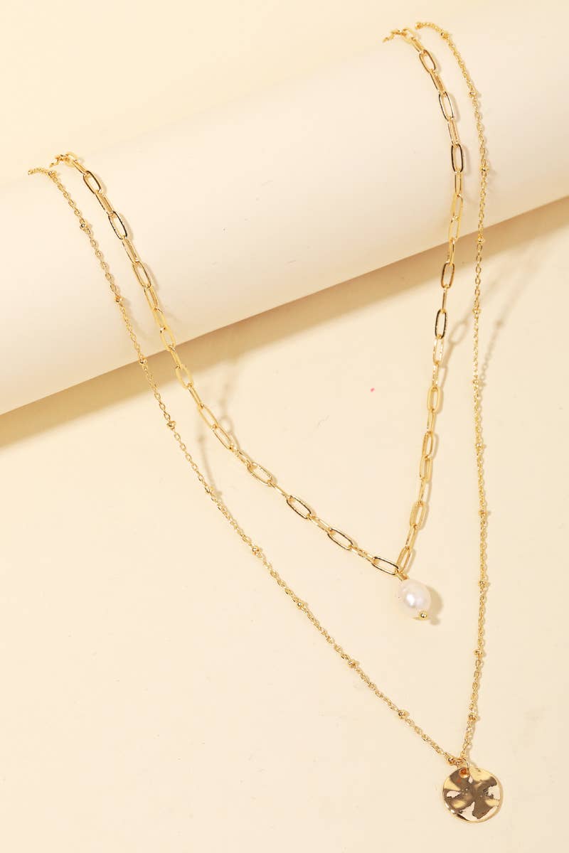 Layered Chain Pearl Charm Necklace