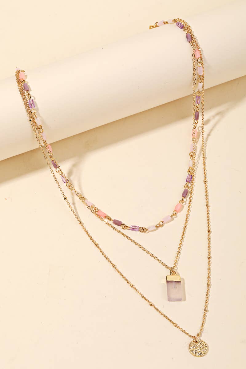 Dainty Chain Layered Rectangle Stone Charm Necklace