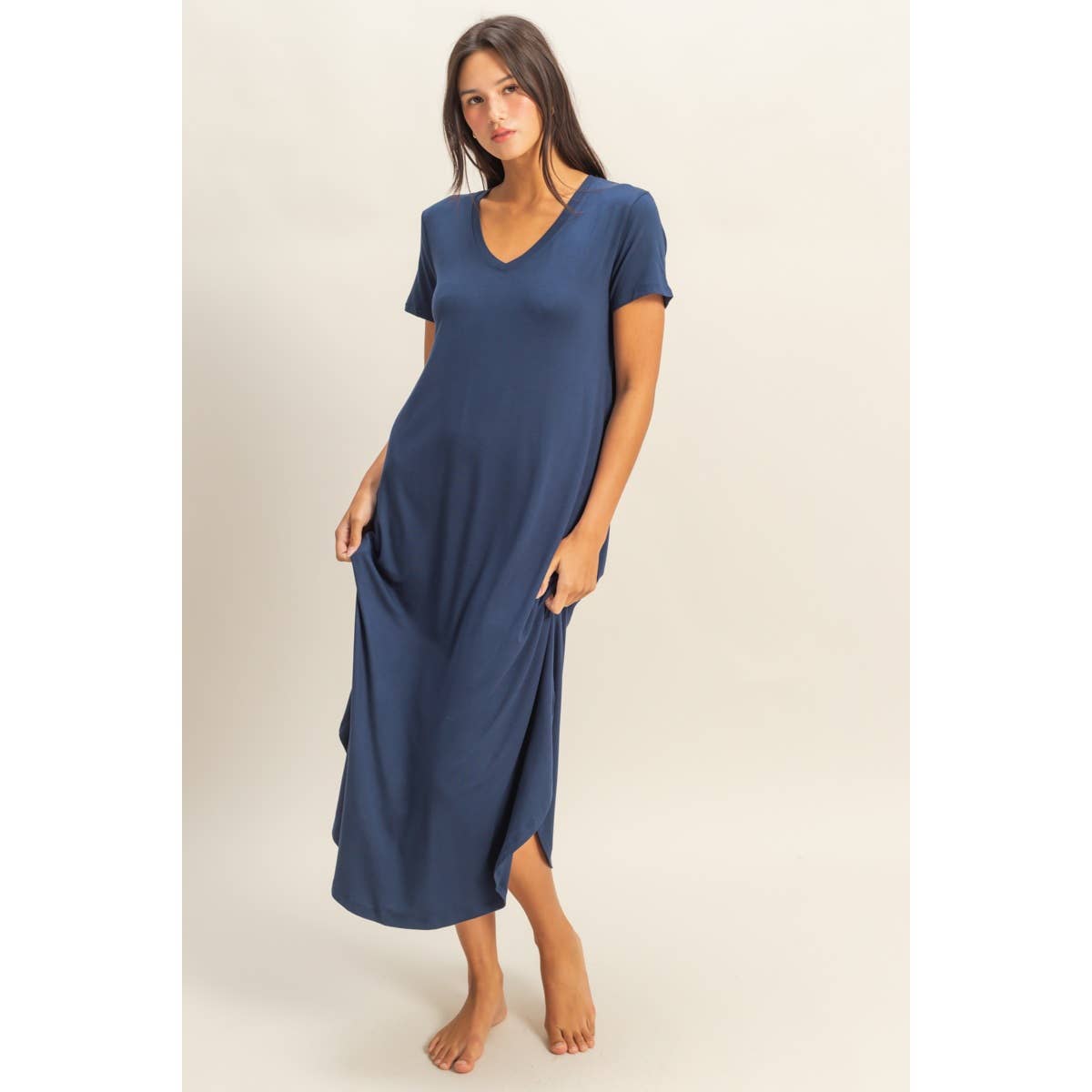 V-Neck Short Sleeve Midi Dress (S-L)