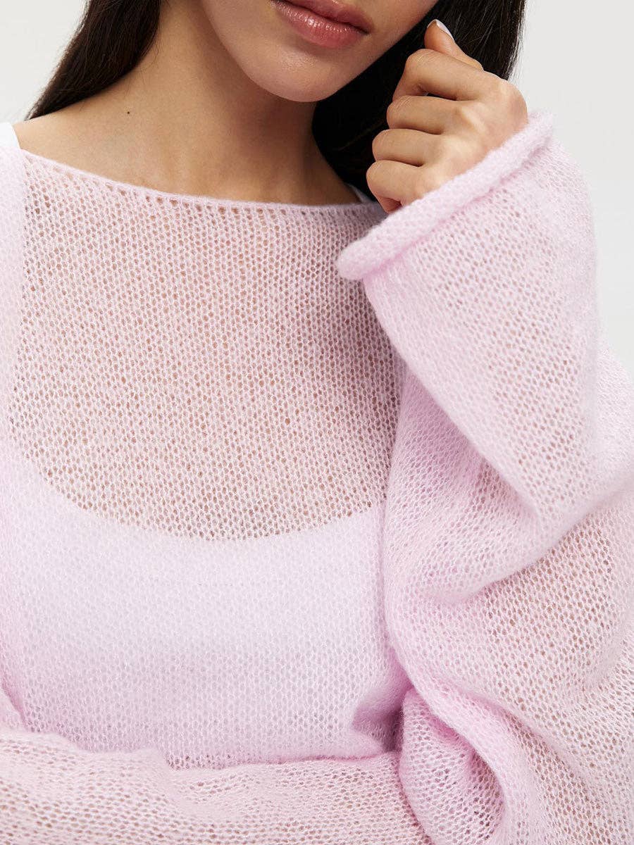Solid Color Hollow Knit Top Apricot White (S-L)