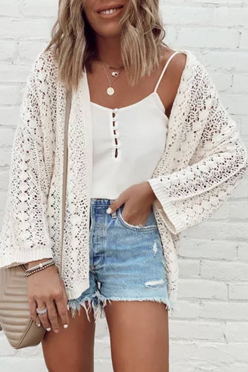 Chic Hollow Out Knit Cardigan with Drop Shoulders (S-XL)