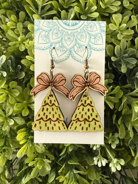 SALE! Christmas tree hand painted maple wood earrings