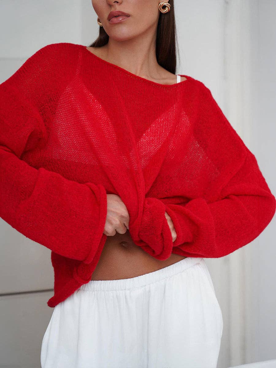 Solid Color Hollow Knit Top Apricot White (S-L)