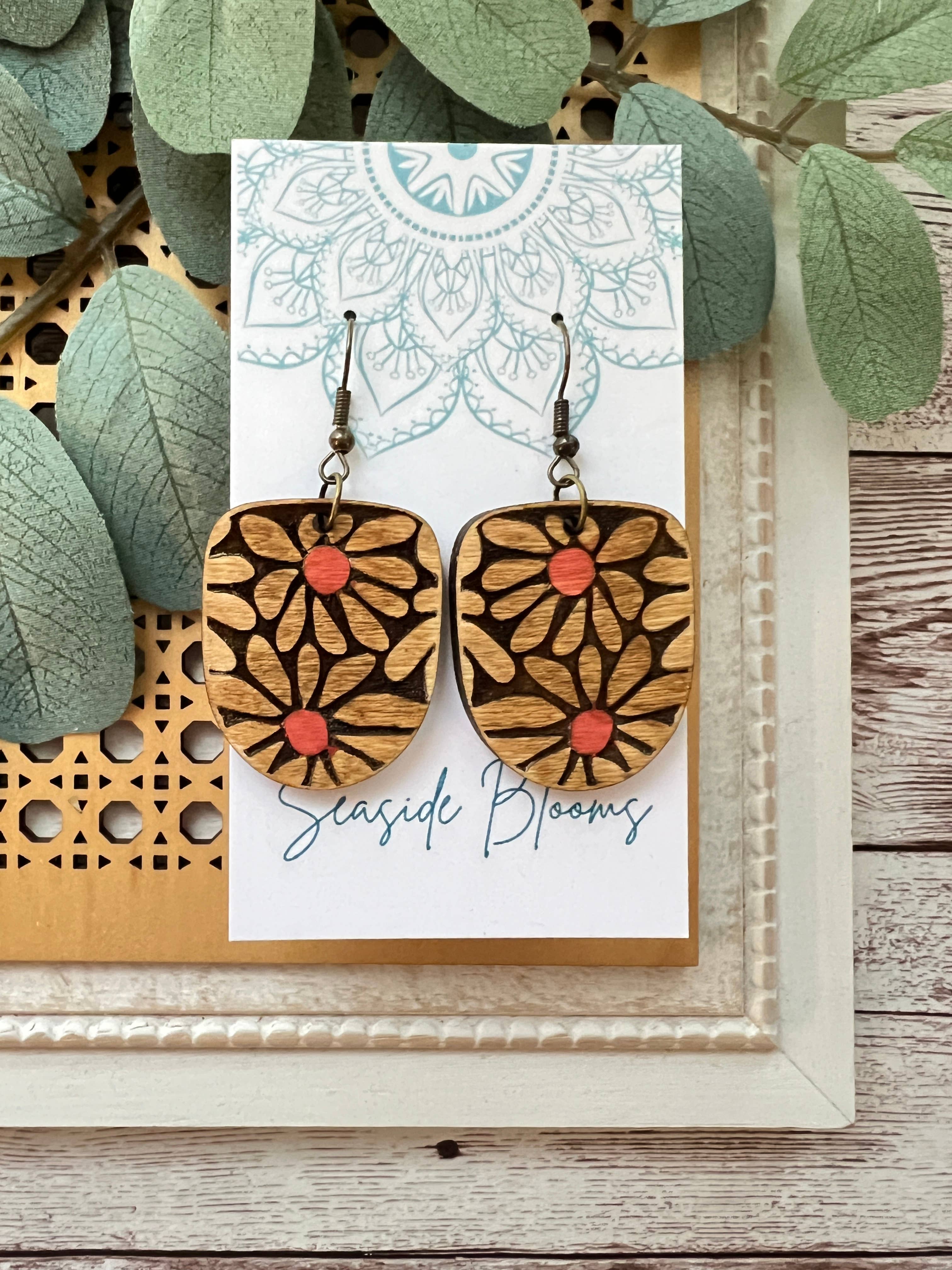 Boho hand painted flower maple wood earrings