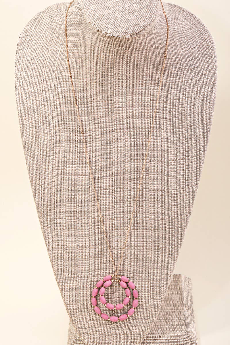 Wooden Bead Circle Pendant Long Necklace