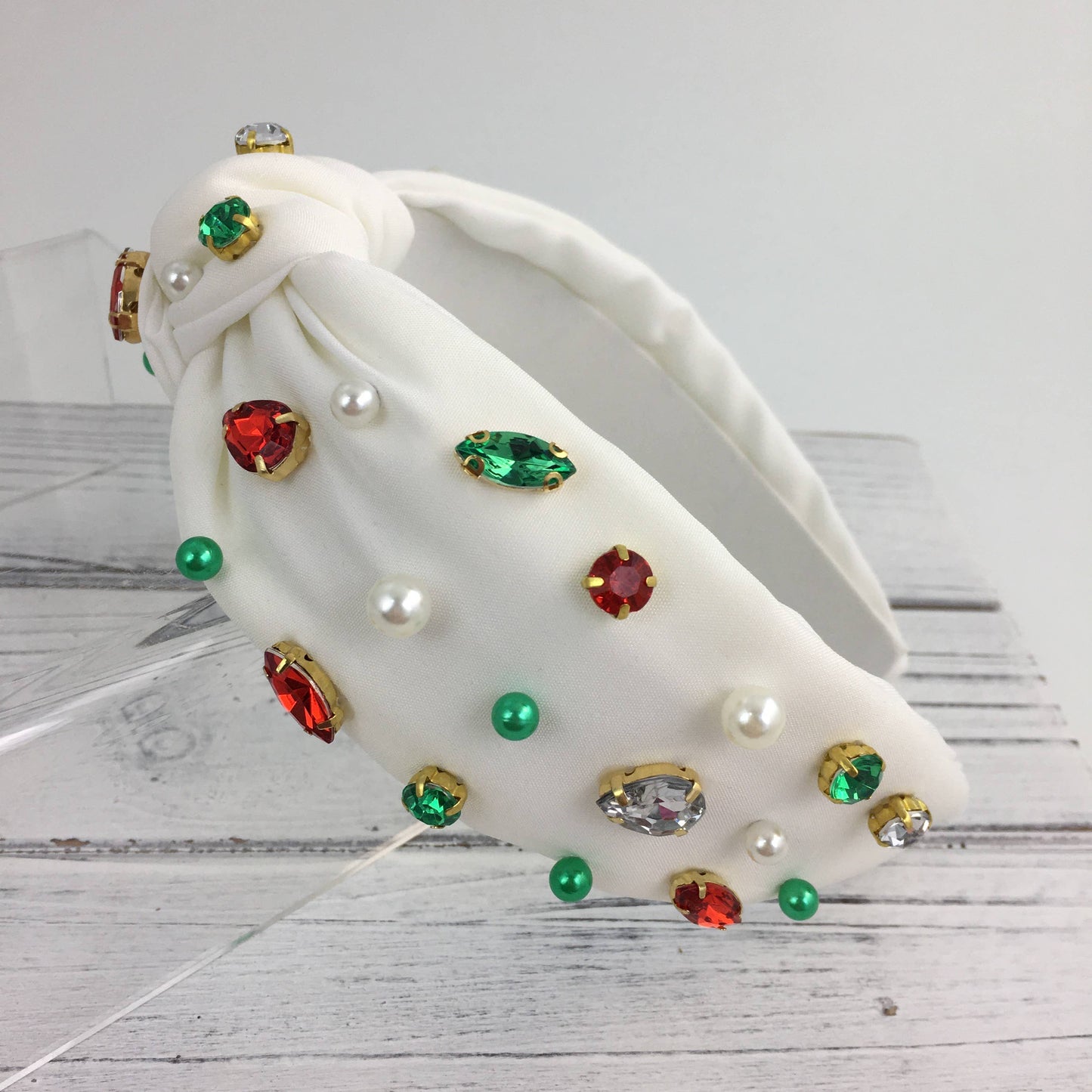 White Christmas stone/pearl knot headband