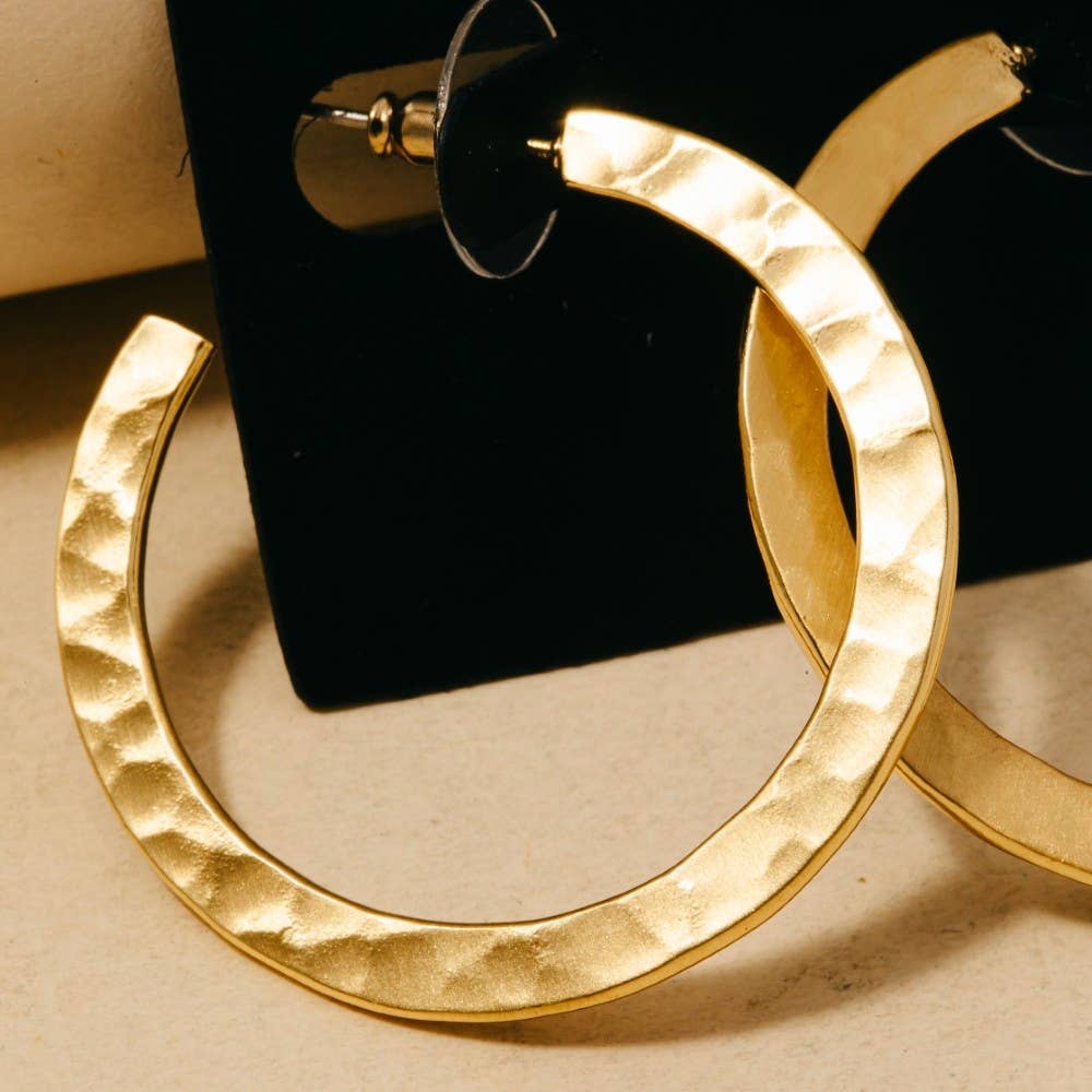 Gold Dipped Satin Hammered Flat Hoop Earrings