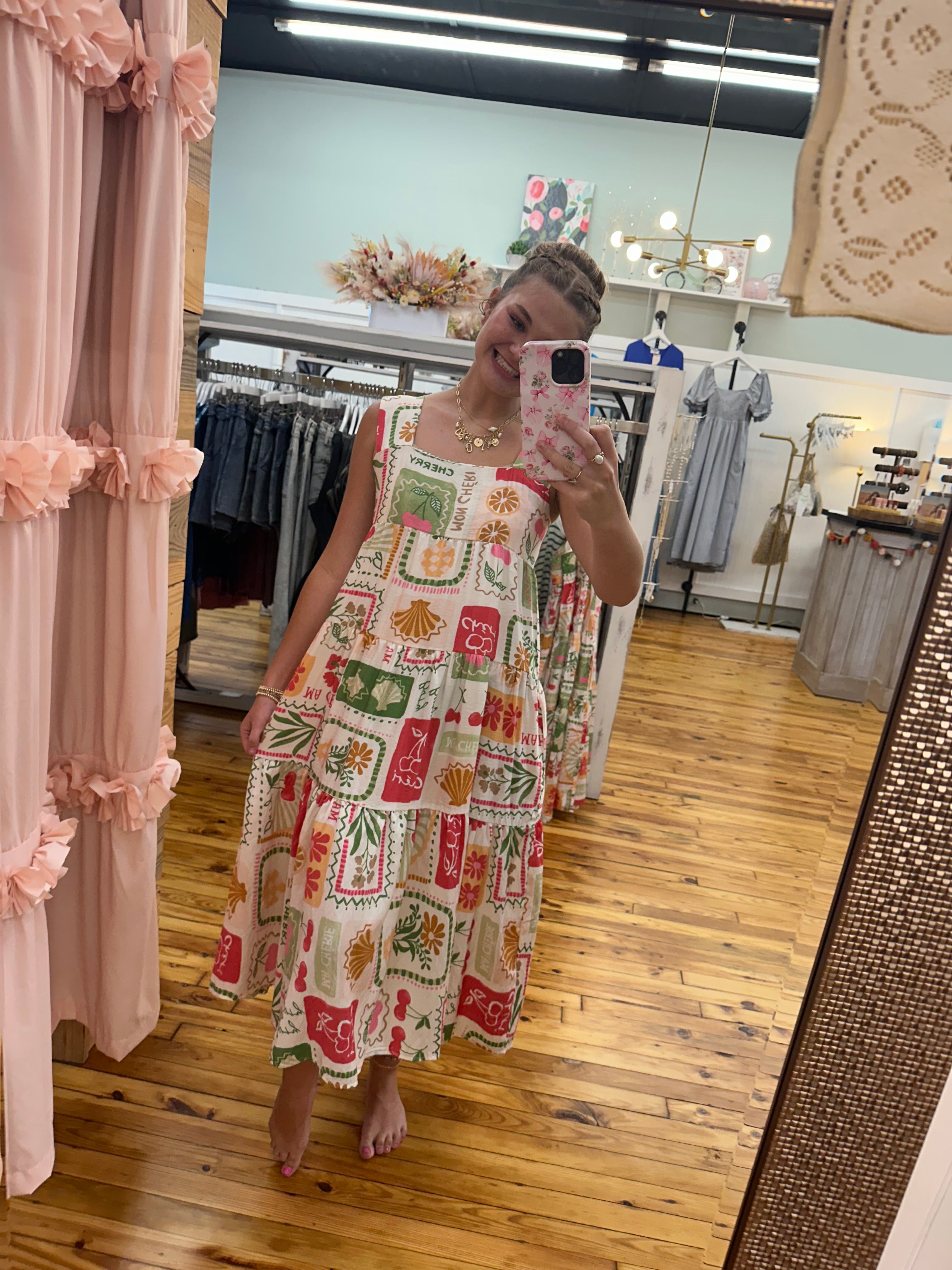 SALE!! FRUITY PLANTS MULTICOLOR SLEEVELESS MIDI DRESS (S-XL)