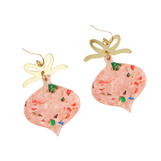 SALE! Festive Acrylic Bow and Ornament Drop Earrings: Pink