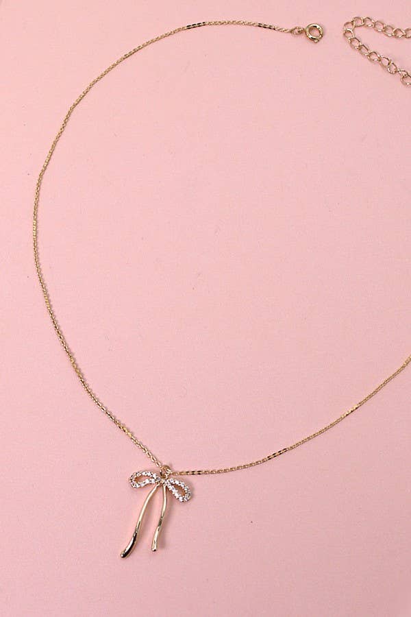 RHINESTONE BOW PENDANT NECKLACE (GOLD)