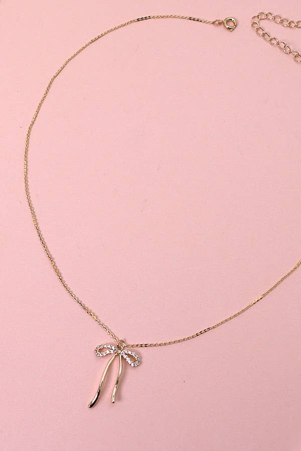 RHINESTONE BOW PENDANT NECKLACE (GOLD)