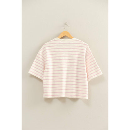 Striped Short Sleeve Terry Crew Neck Top(S-L)