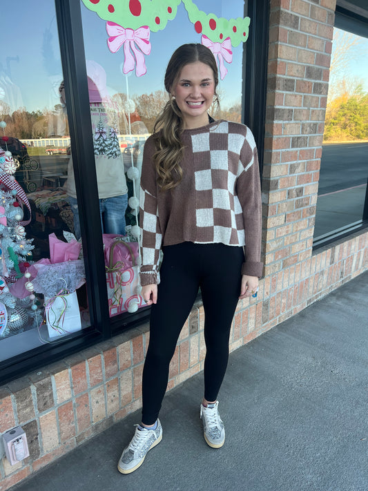 Checkered Long Sleeve Sweater In Mocha (S-L)