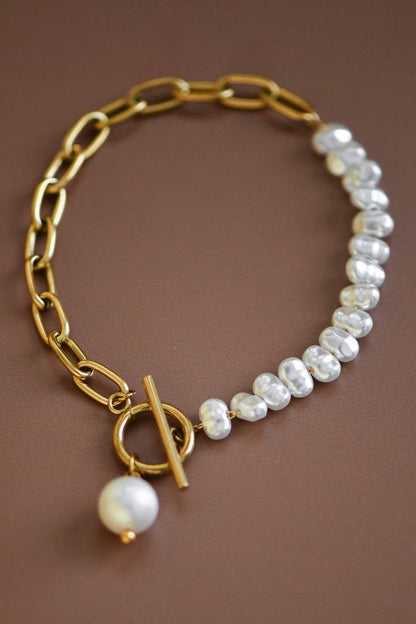 18K Gold Plated Waterproof Stainless Steel Chain + Pearls Bracelet