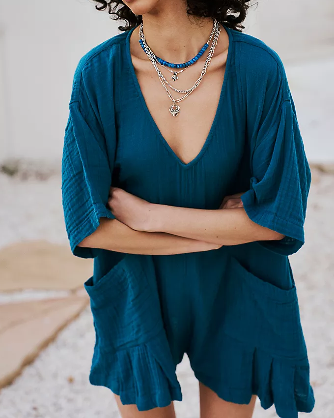 Peacock V-Neck Draped Sleeves Romper (S-XL)
