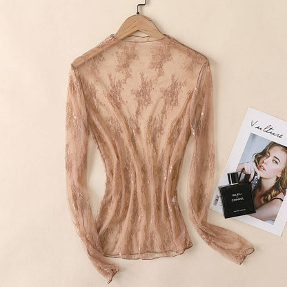 Floral Mesh Long Sleeve Lace Top (S-XL)(Multiple Color Options)