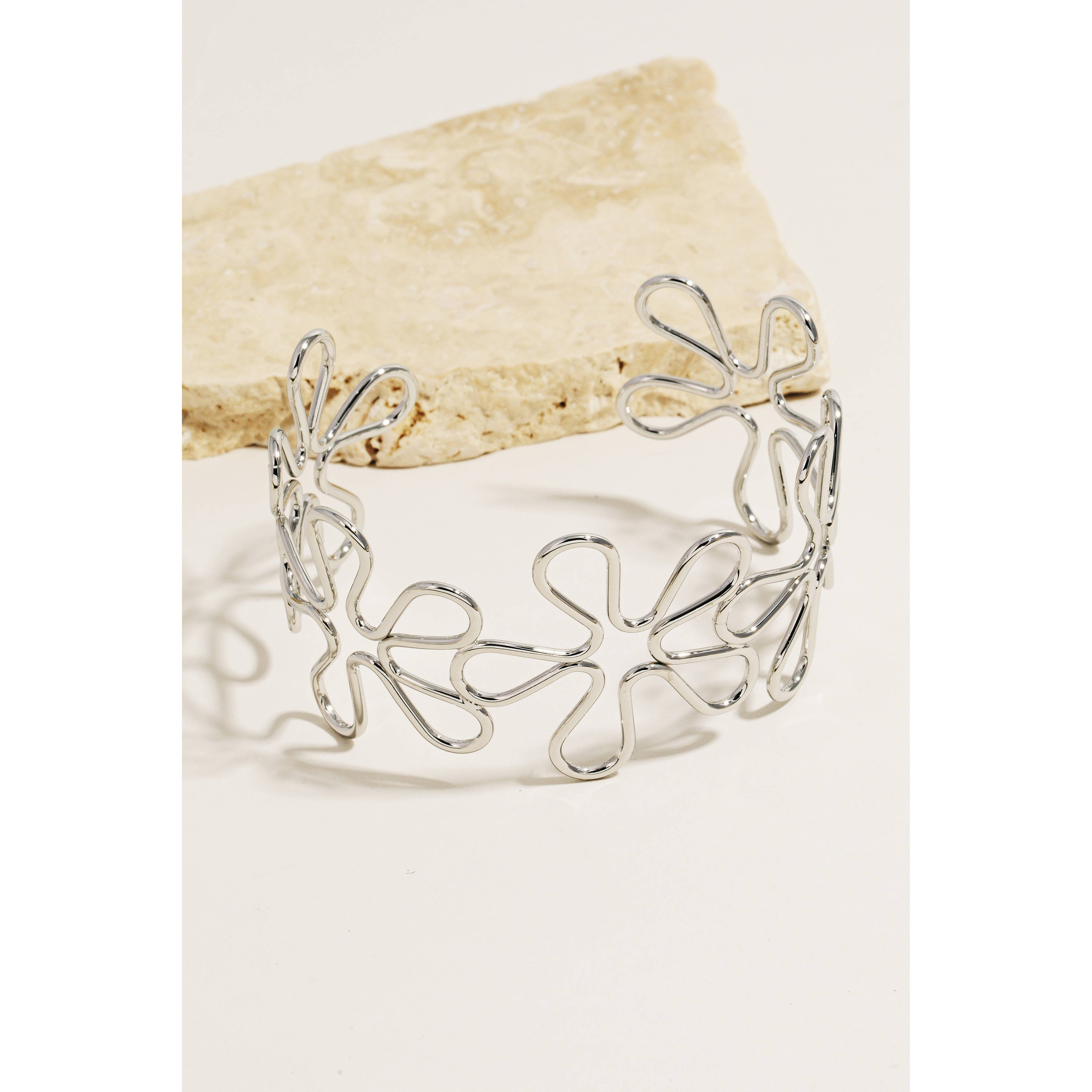 Metallic Wire Flower Cuff Bracelet