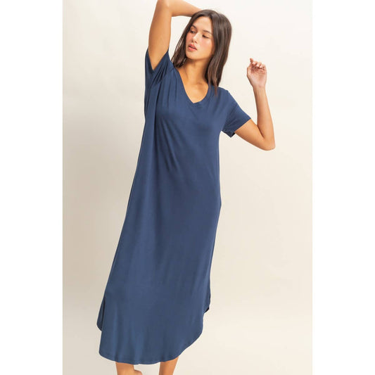 V-Neck Short Sleeve Midi Dress (S-L)