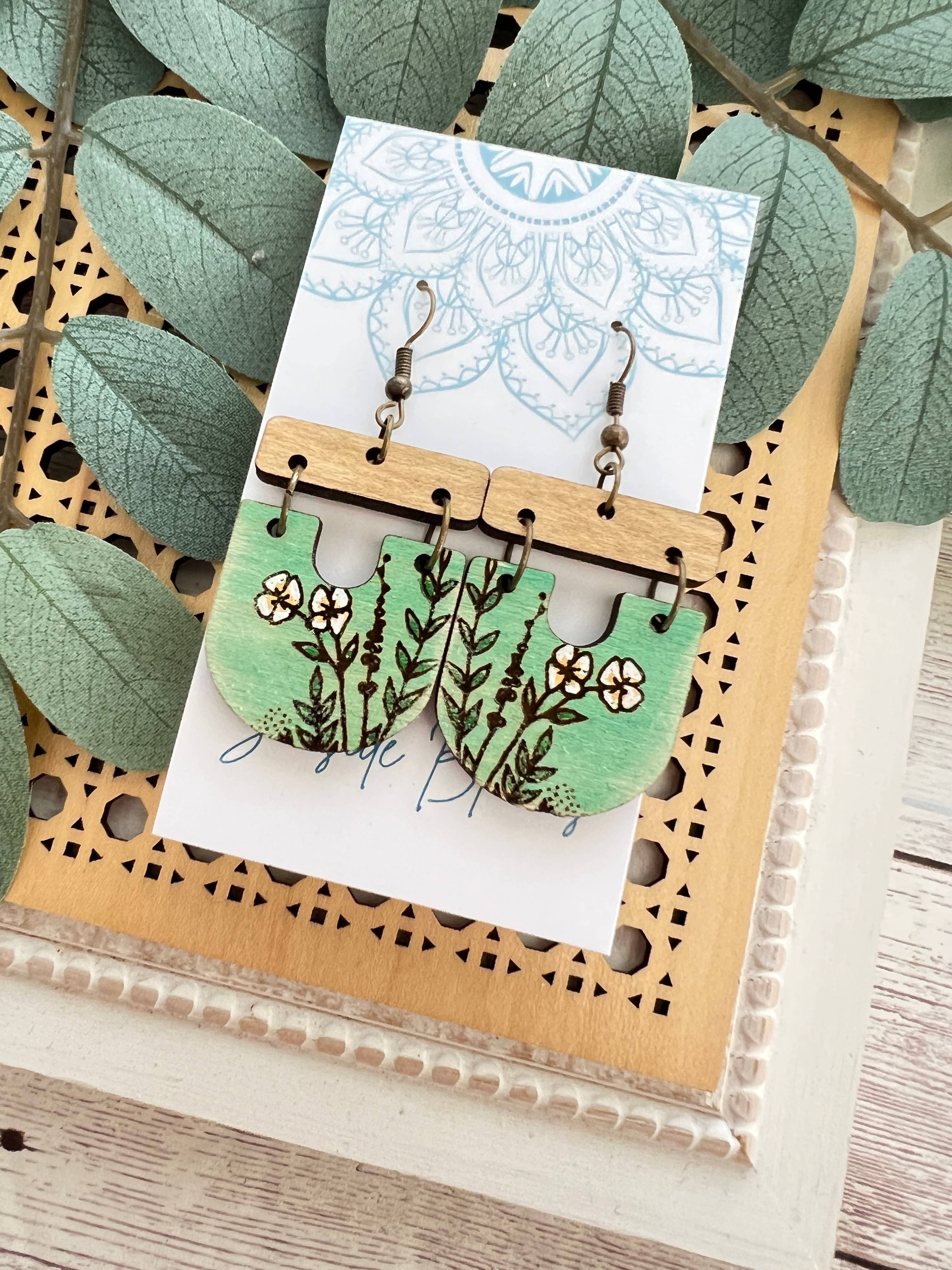 Boho hand painted lightweight maple wood earrings 
