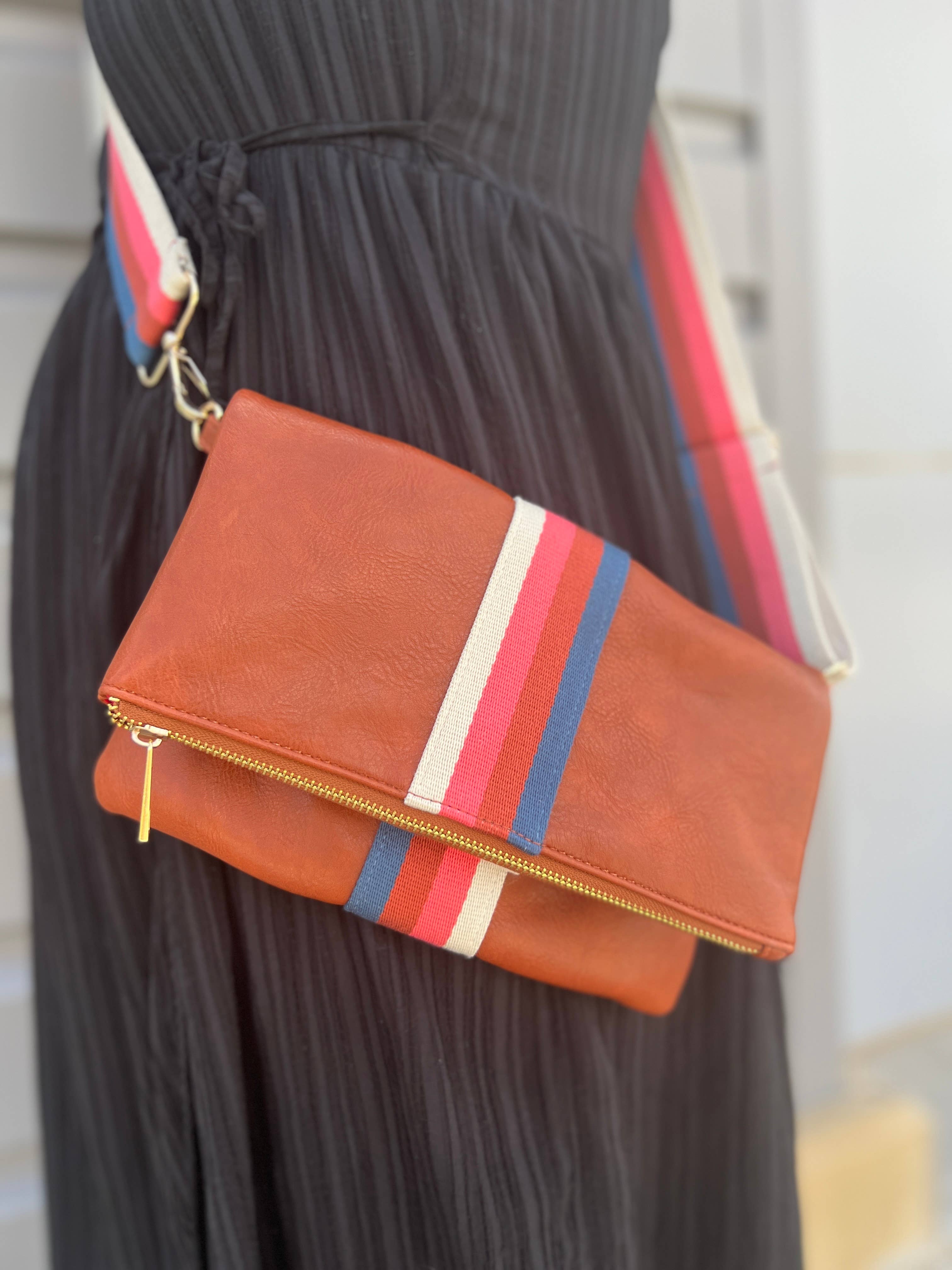 SALE! Cognac Stripe crossbody/ bum fanny bag / clutch w/ strap