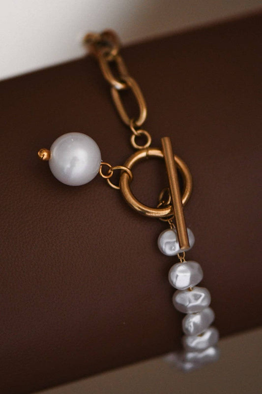 18K Gold Plated Waterproof Stainless Steel Chain + Pearls Bracelet