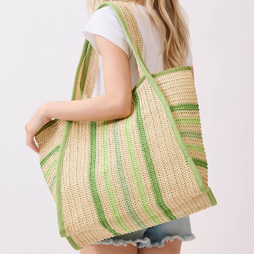 Natural Straw Tote Bag With Multi Color Stripes