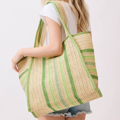 Natural Straw Tote Bag With Multi Color Stripes