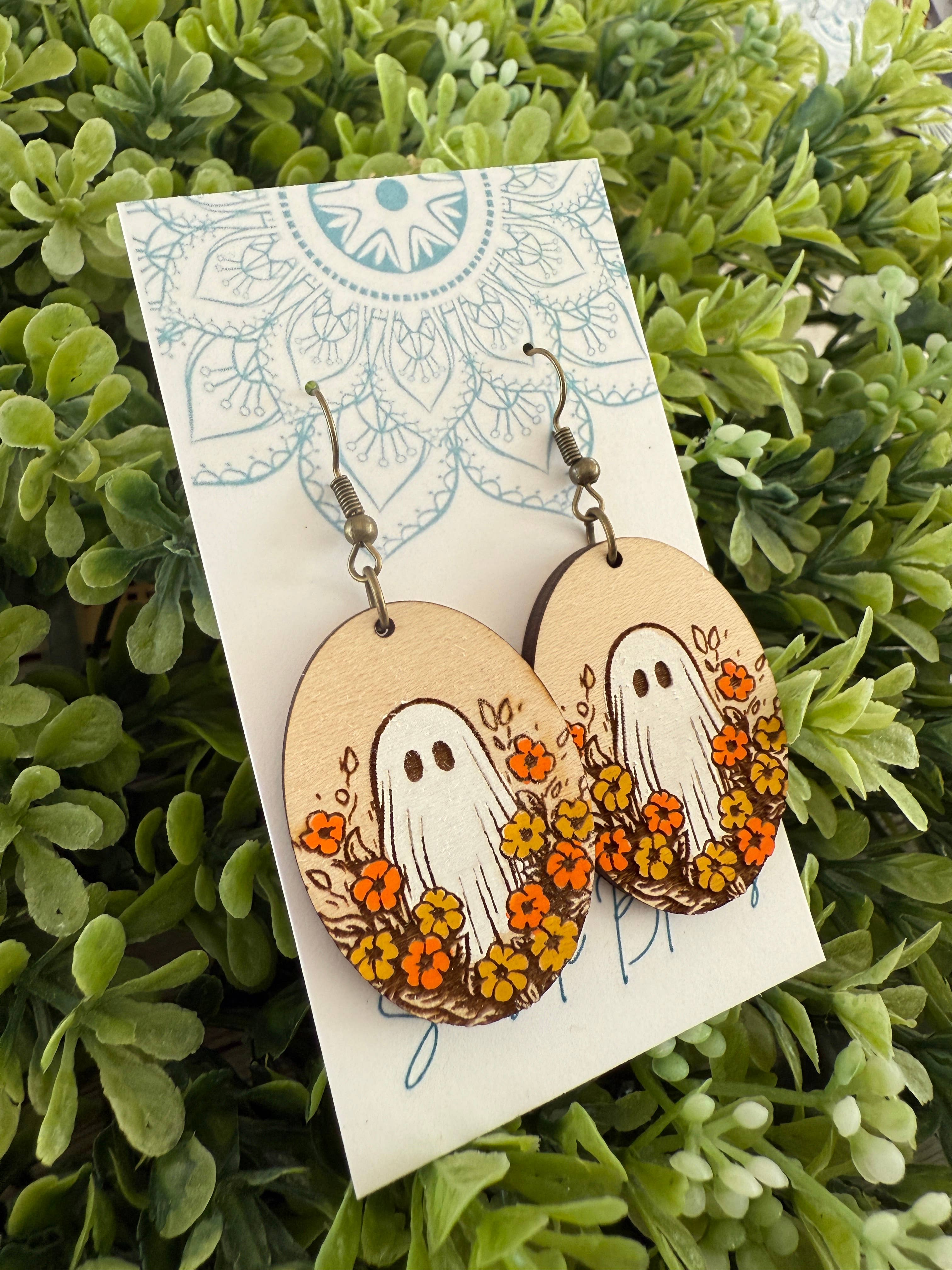 Ghost Boho Hand painted maple wood earrings