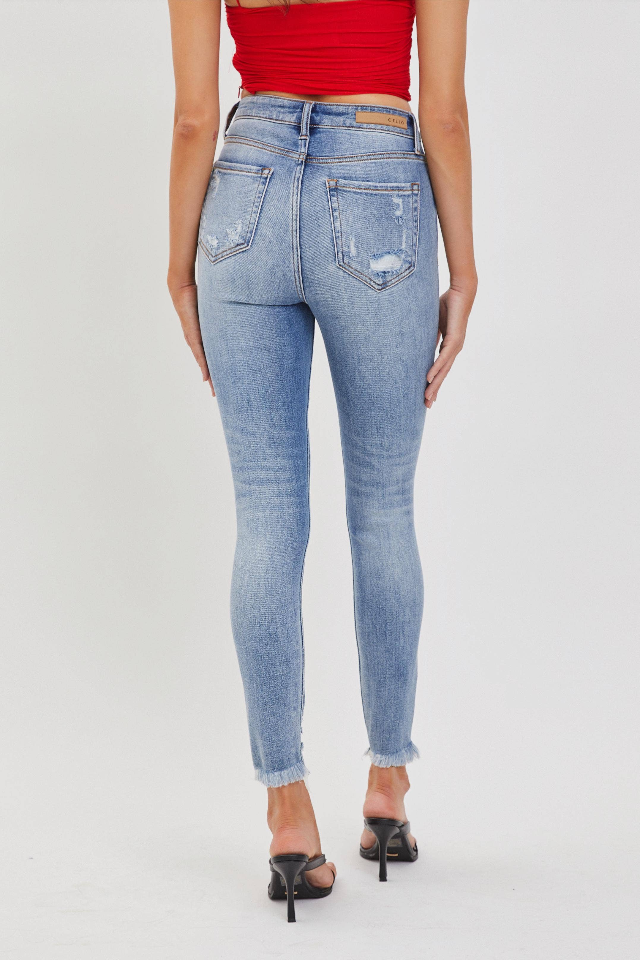 Cello Jeans- Medium High Rise Ankle Skinny with Frayed Hem (Sizes 1-13)