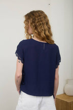 SIDE TIE LACE TRIM WOVEN TOP (S-L)