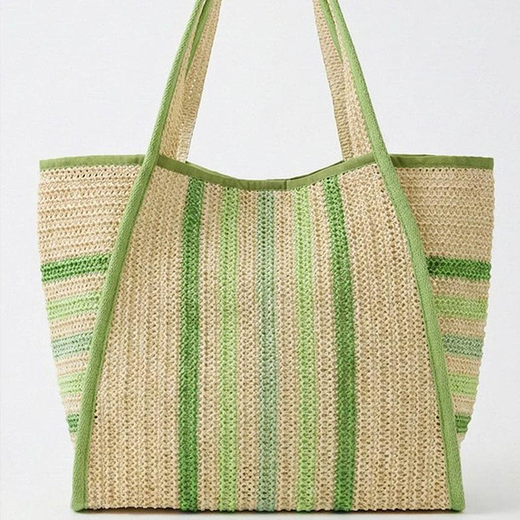 Natural Straw Tote Bag With Multi Color Stripes