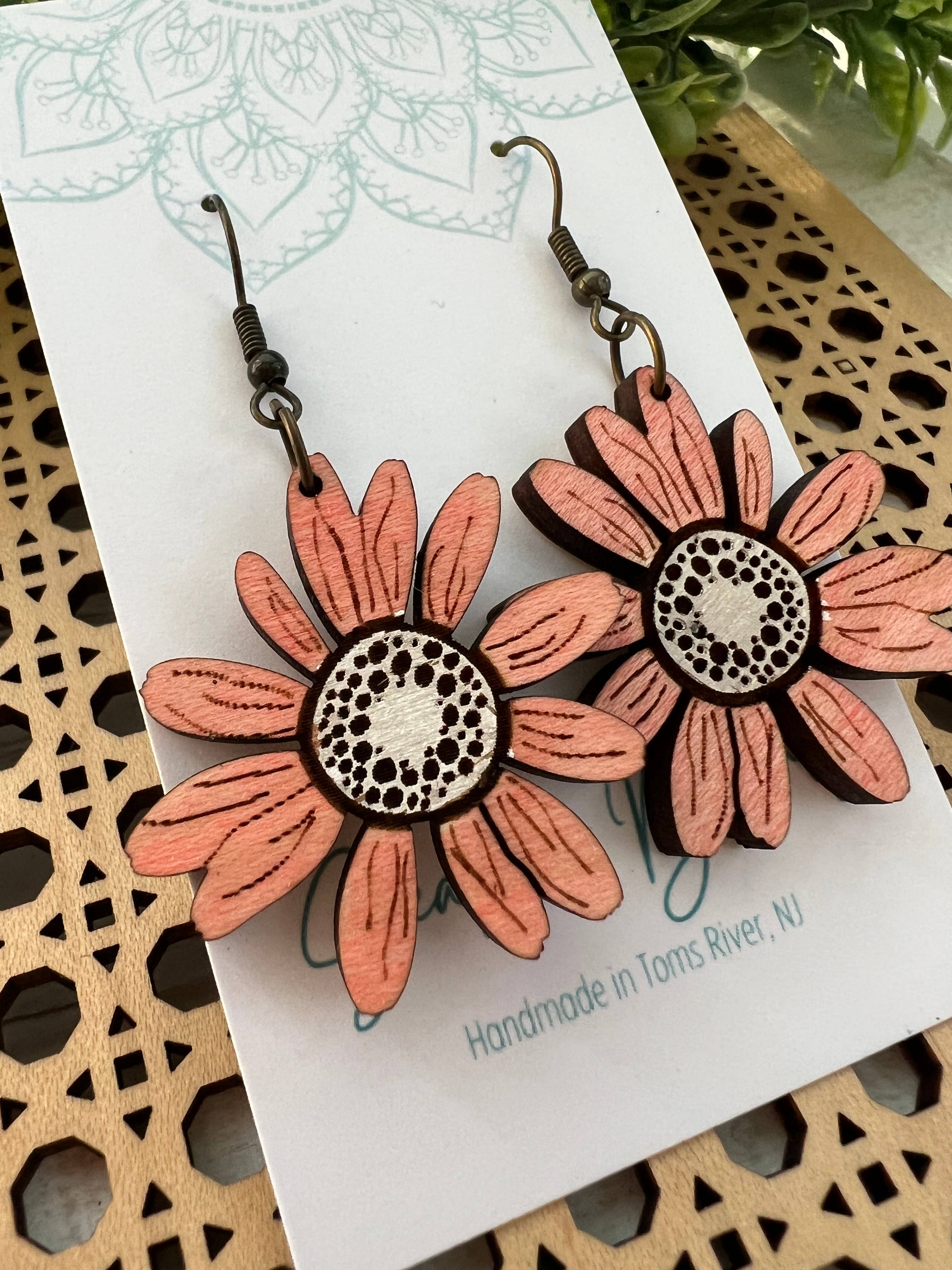 Blush pink daisy hand painted wood earring