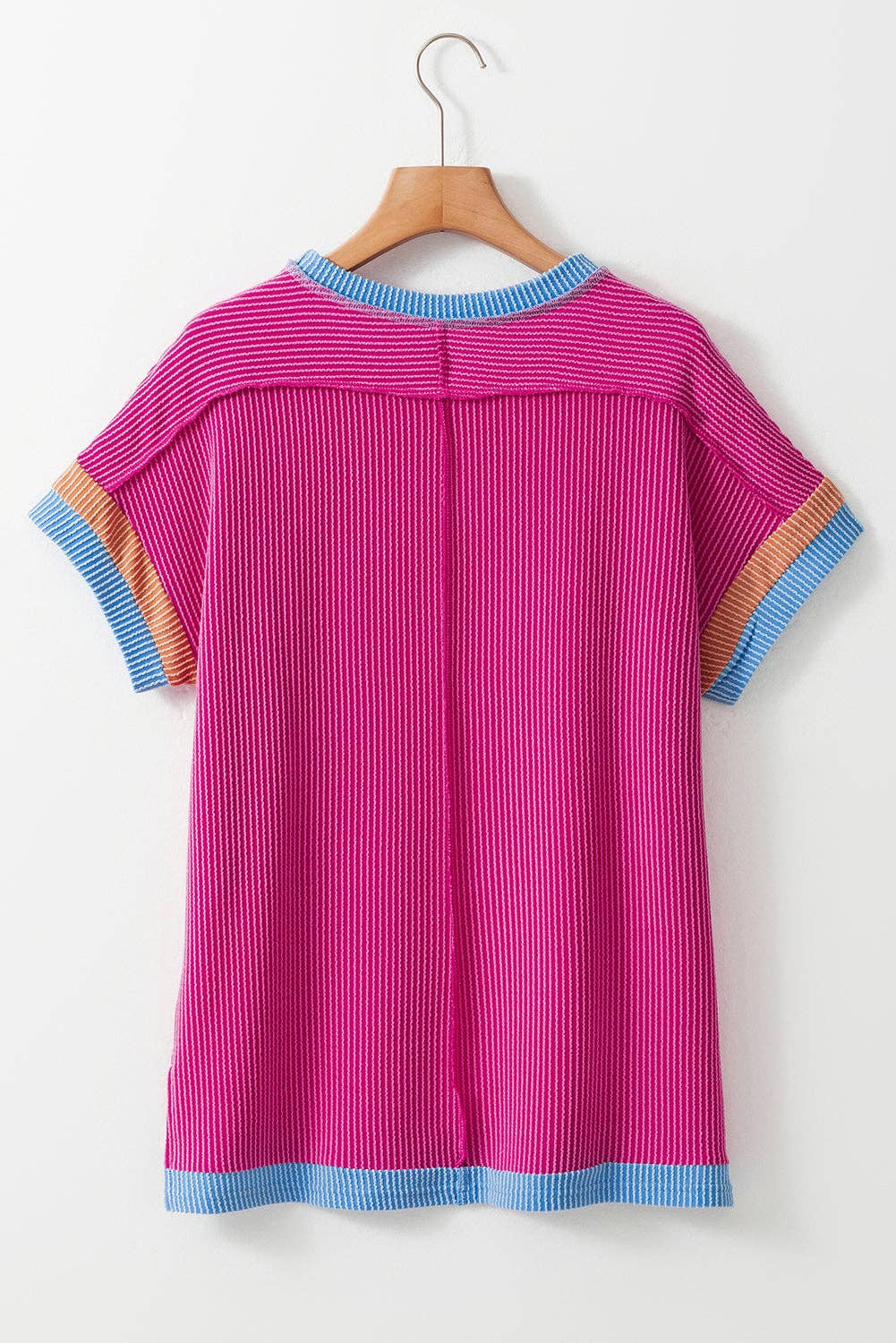 Textured Contrast Trim Round Neck T Shirt (S-XL)(Multiple Colors)