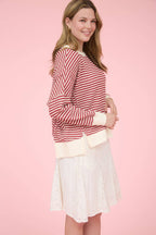 STRIPE EXPOSED SEAM SPLIT HEM LONG SLEEVE KNIT TOP (S-L)
