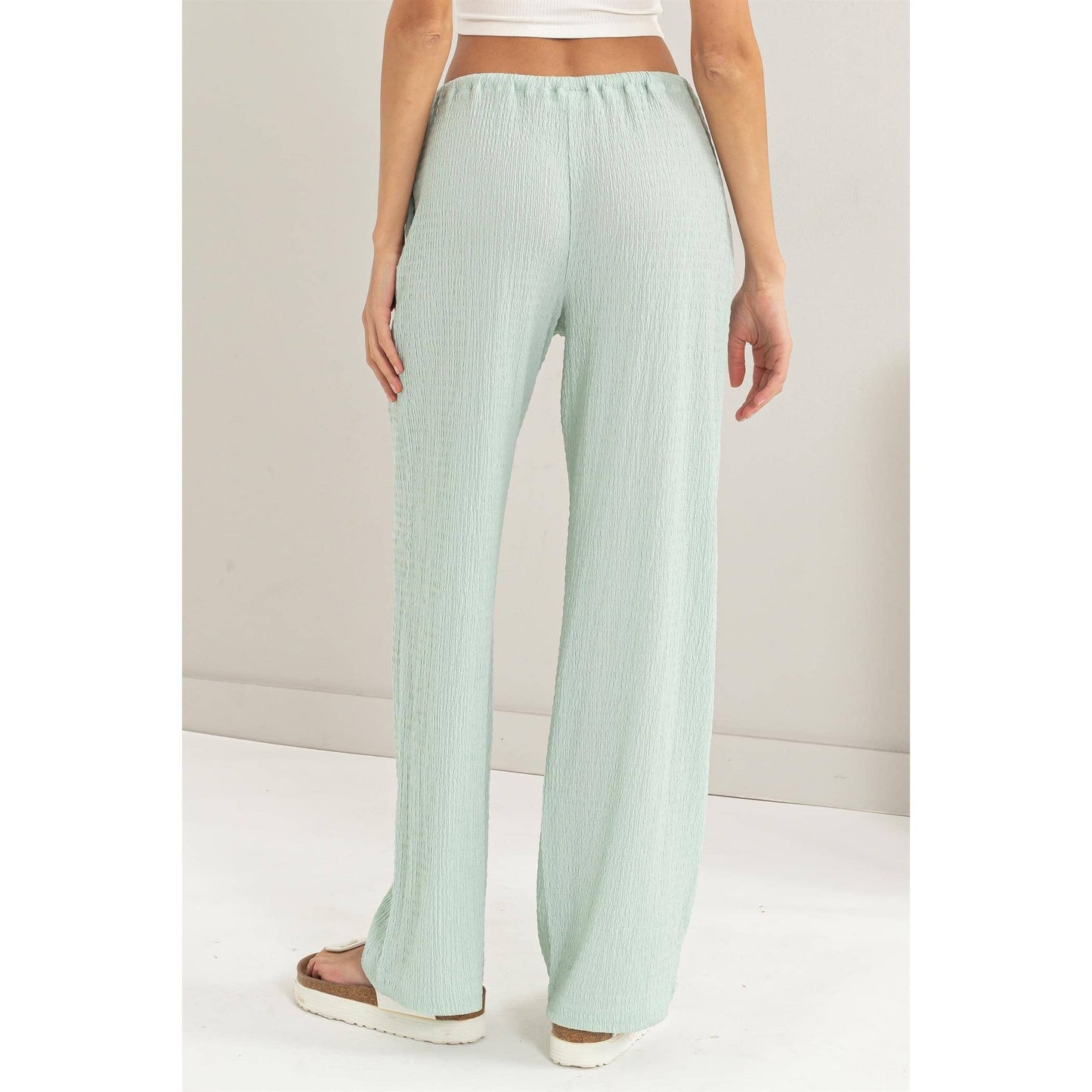 Crinkle Knit Wide Leg Drawstring Pants (S-L)