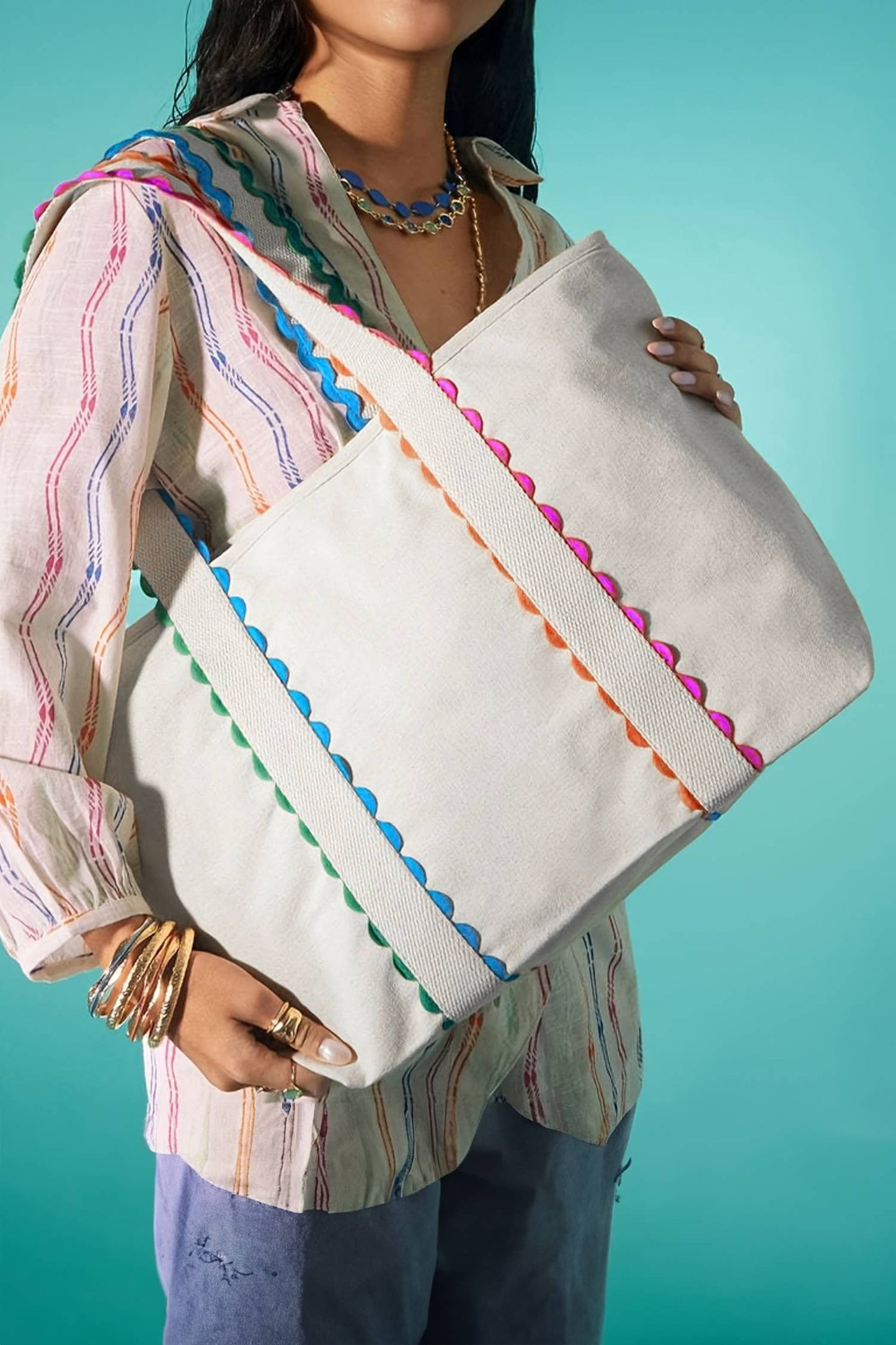 Colorful Trimmed Canvas Everyday Tote Bag