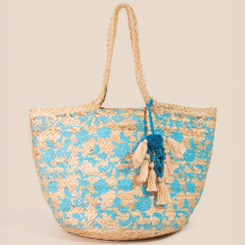 SALE!! Blue Painted Flowers Jute Tote Bag