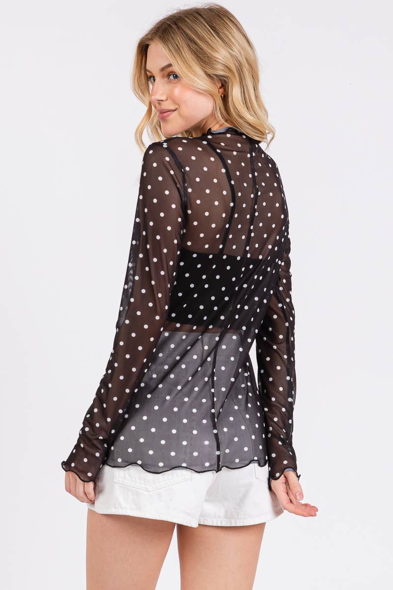 Polka Dot Mesh Long Sleeve Top (S-L)(Black or White)