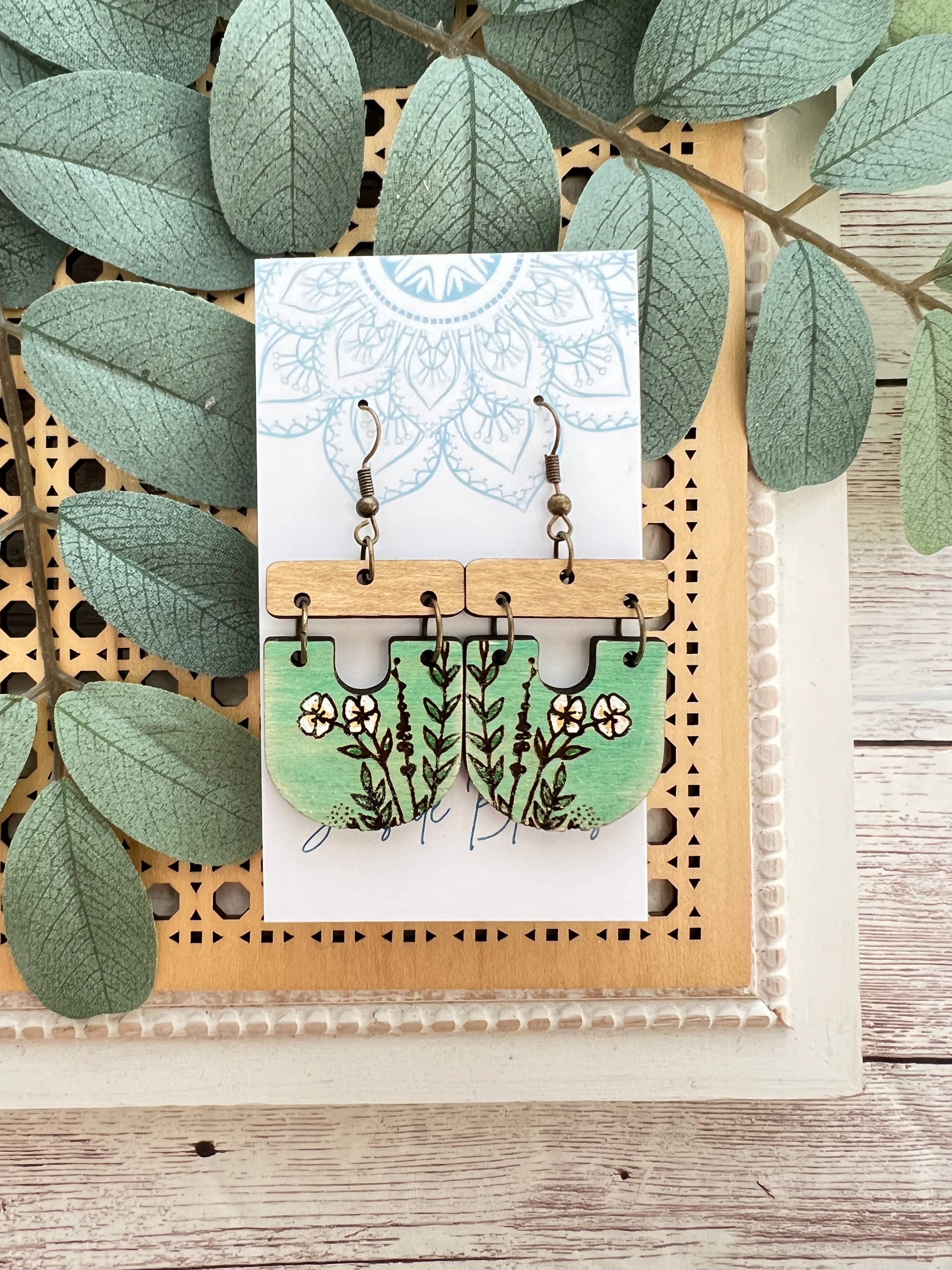 Boho hand painted lightweight maple wood earrings 