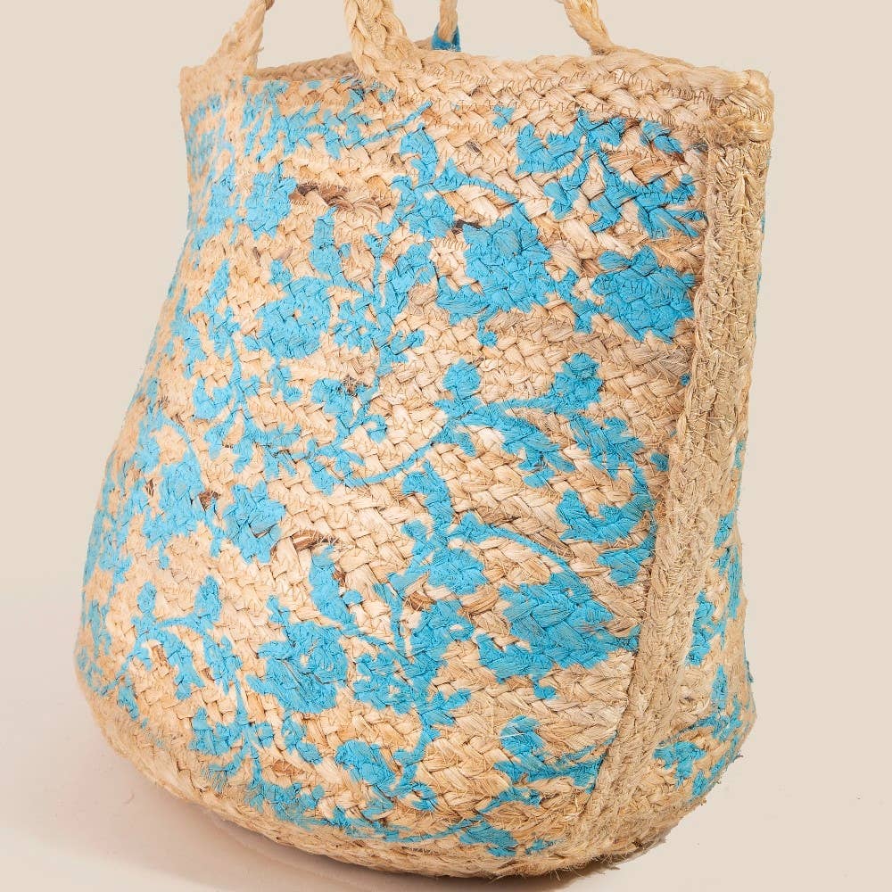 SALE!! Blue Painted Flowers Jute Tote Bag